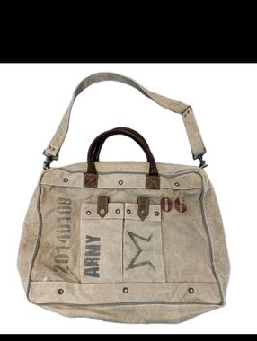The Barrel Shack Canvas Leather Tote Bag Army Military Stencil Repurposed